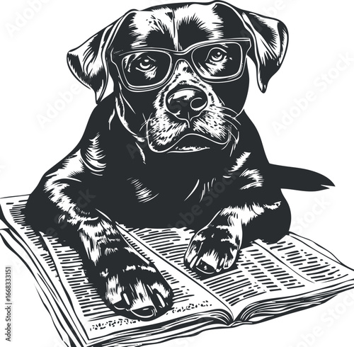 Black and white illustration of a dog wearing glasses reading a newspaper with an attentive expression