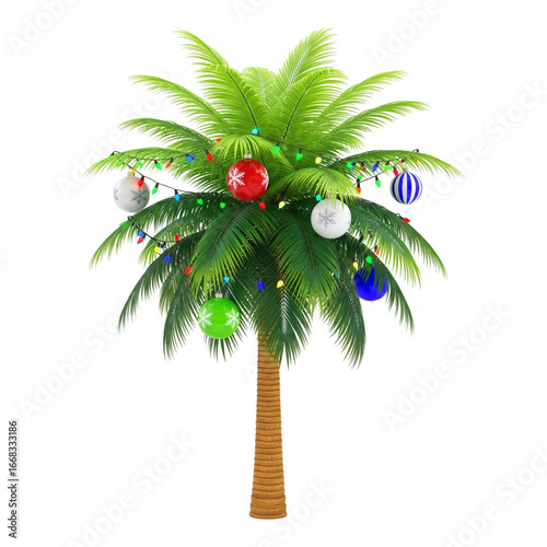 Decorated palm tree with christmas lights and ornaments isolated on transparent background