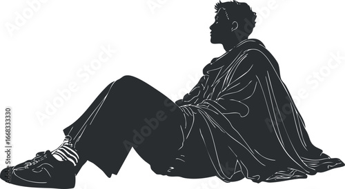 Silhouette of a person sitting in a relaxed pose wearing casual clothing and shoes on a white background.