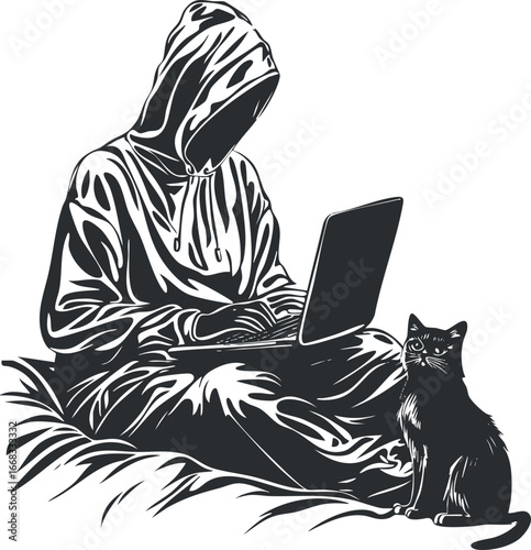 Black and white illustration of an anonymous hooded person sitting cross-legged using a laptop with a cat nearby