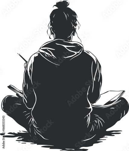 Silhouette of a woman sitting cross-legged drawing with pen and paper, artistic and creative activity