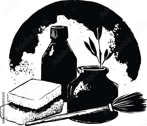 Black and White Silhouette Illustration Featuring Bottle, Jar with Sprouting Plant, Brush, and Stacked Bars Against Textured Circular Backdrop Representing Natural Remedies, Cleanliness, and Artistic 