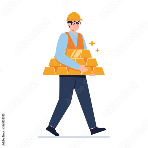 A determined worker, wearing a hard hat and vest, diligently carries a substantial stack of shimmering gold bars, symbolizing wealth and prosperity.