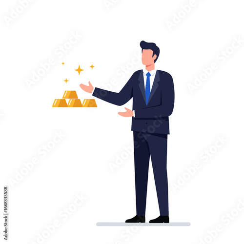 A stylish male executive in a formal suit gestures towards a collection of radiant gold ingots, embodying lucrative opportunities and financial growth.