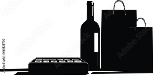 Black Silhouette Retail Composition Featuring Cash Register Keypad, Wine Bottle with Label, and Two Shopping Bags, Symbolizing Checkout, Purchase, and Consumer Goods in Minimalist Style