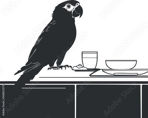 Black and white silhouette of a parrot perched on a kitchen table near a glass and bowl.