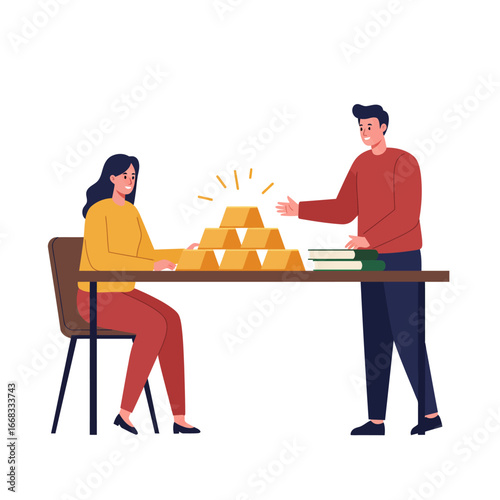 A man and a woman are discussing a large stack of gleaming gold bars on a table, symbolizing wealth management and investment opportunities.