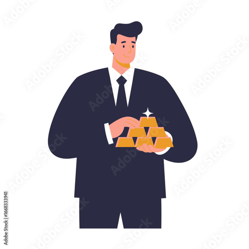 A confident businessman in a sharp dark suit proudly displays a gleaming stack of gold bars, symbolizing prosperity, investment, and economic achievement.