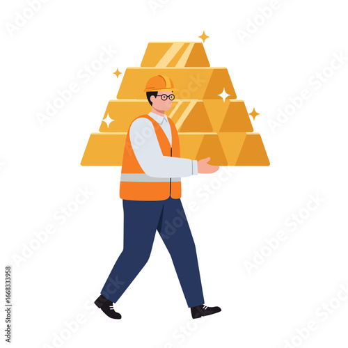A diligent worker in a hard hat and safety vest carefully transports a substantial, gleaming stack of precious gold bars, symbolizing wealth and economic prosperity.