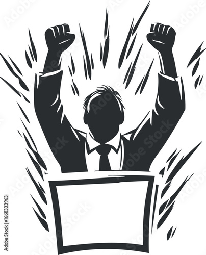 Silhouette of a businessman in suit raising fists in victory and celebration, symbolizing success and achievement