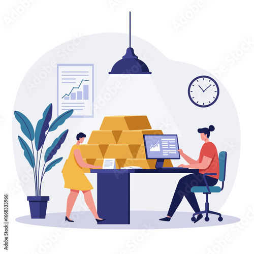 Two dedicated professionals in a modern office meticulously oversee substantial gold investments and analyze financial data for wealth growth.