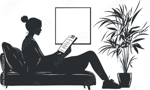 Silhouette of a woman sitting on a sofa reading a document indoors with a potted plant nearby