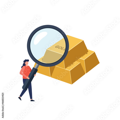 A diligent investor carefully examines a stack of gleaming gold bars with a magnifying glass, symbolizing wealth management and financial analysis.