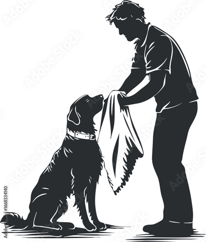 Silhouette of a man playing and training a dog using a towel showing companionship and obedience