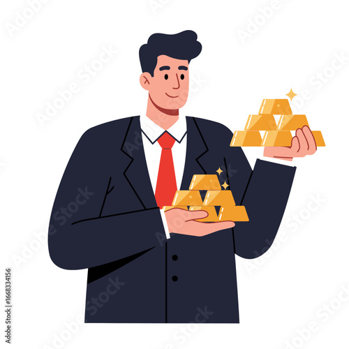 A smiling, professional businessman proudly displays his substantial financial assets, holding gleaming stacks of gold bars, symbolizing wealth and prosperity.
