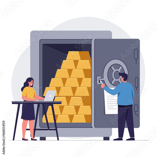 A professional woman manages financial assets on a laptop while a man accesses a secure vault filled with valuable gold bars.