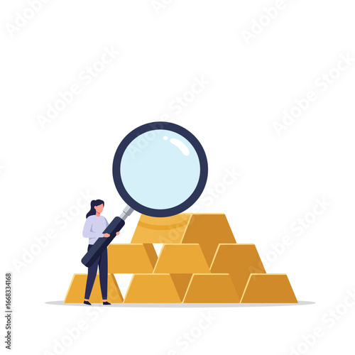 A diligent professional uses a large magnifying glass to meticulously examine a substantial stack of gleaming gold bars, symbolizing wealth and financial scrutiny.