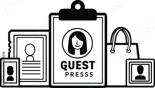 Black and White Guest Access Illustration Featuring Clipboard with “GUEST PRESSSS” Label, ID Cards, Profile Icons, and Handbag Symbolizing Media Credentials and Event Identification