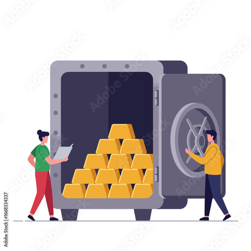Two people managing a large open safe filled with gleaming gold bars, symbolizing financial security, wealth management, and valuable investments.