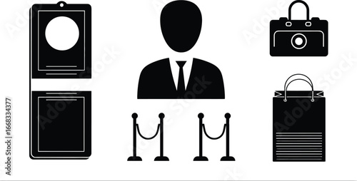 Set of Six Black Silhouette Icons Depicting Professional and Event-Related Symbols Including Door Sign, Businessperson, Camera, Shopping Bag, and Stanchions for Workplace, Retail, and Venue Design