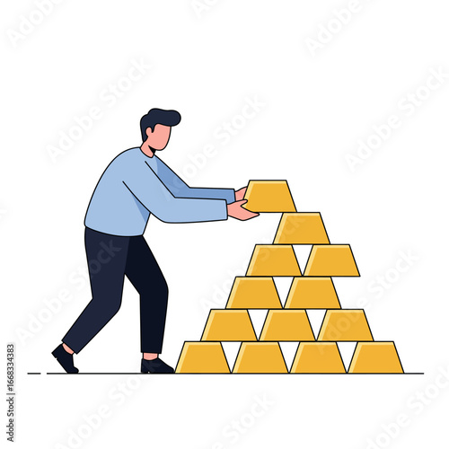 A determined man carefully stacks shining gold bars into a growing pyramid, symbolizing wealth accumulation, secure investment, and financial success.