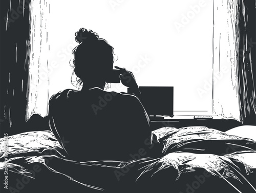 Silhouette of a woman sitting on bed using a mobile phone in front of a window with curtains and laptop