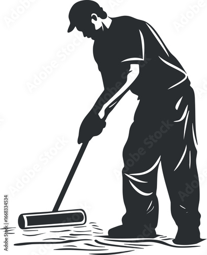 Silhouette of a man painting a floor with a roller, representing manual labor and construction work.