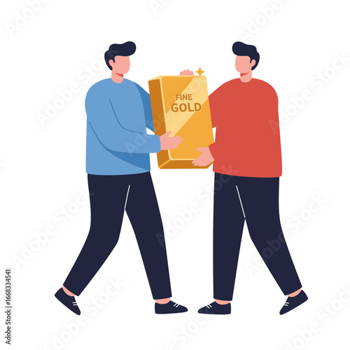 Two men in a collaborative effort are carefully transferring a large, valuable fine gold bar, symbolizing wealth, investment, and secure financial transactions.