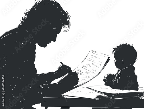 Silhouette of a mother writing on paper while her baby sits at a desk observing