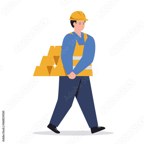A diligent male worker, donning a protective yellow hard hat and reflective vest, carefully carries a heavy stack of gleaming gold bars, symbolizing wealth and effort.