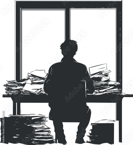 Silhouette of a man sitting at a cluttered desk full of papers and documents by a window, representing work overload and office stress.