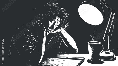 Illustration of a tired woman sitting at a desk under a lamp with a cup of coffee, appearing exhausted and contemplative.