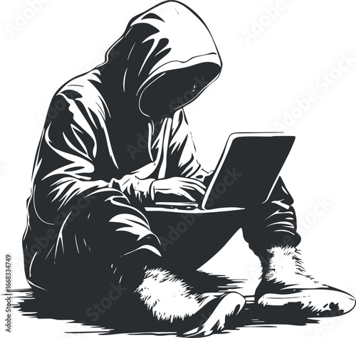 Monochrome illustration of a hooded figure sitting with a laptop symbolizing hacking and cybersecurity threats