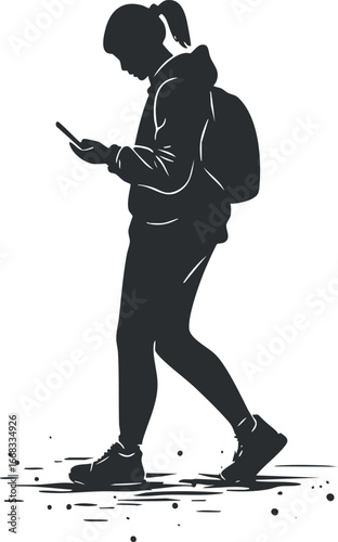 Silhouette of a young woman walking outdoors while using a smartphone and carrying a backpack