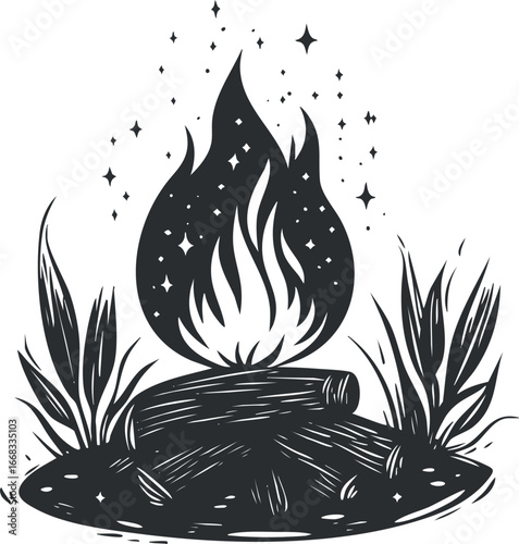 Black and white illustration of a campfire with logs and sparkling flames surrounded by plants on a white background.