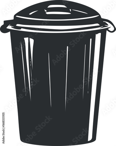 Black and white illustration of a trash bin with a lid for waste disposal and garbage collection