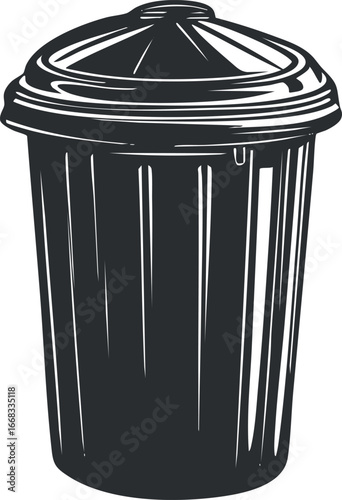 Black and white illustration of a closed trash bin with a lid, used for waste disposal