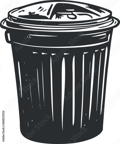 Black and white illustration of a lidded garbage trash bin for waste disposal and recycling