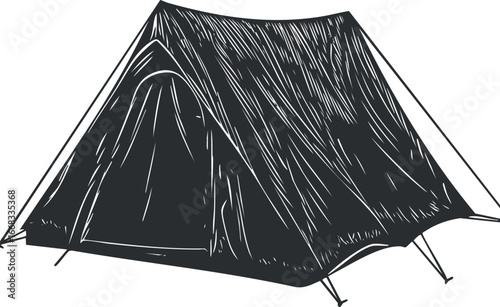 Black and white illustration of a classic camping tent used for outdoor shelter and adventure activities