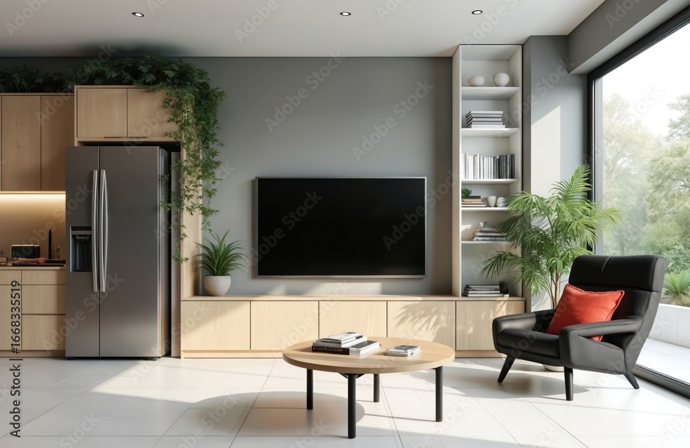Fototapeta premium Modern minimalist living room features integrated kitchen cabinets, large TV, refrigerator, comfy armchair. Light wood accents, grey walls, abundant natural light create sleek, contemporary living
