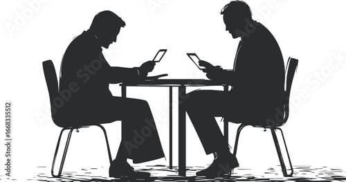 Silhouette of two men sitting at a table reading books or devices in a quiet indoor setting