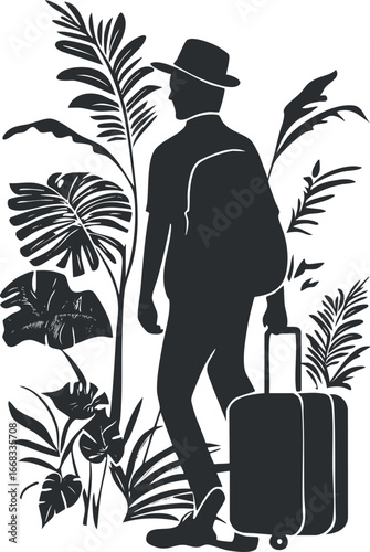 Silhouette of a traveler walking with suitcase and backpack surrounded by tropical plants and leaves