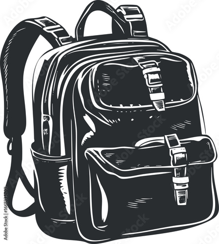 Black and white hand drawn illustration of a functional backpack with multiple pockets and straps for carrying