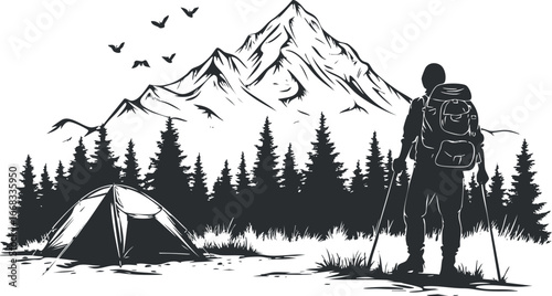Black and white illustration of a hiker with backpack standing near a tent in a forest with mountains and birds in the background