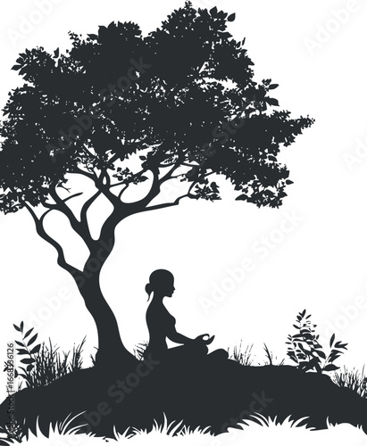 Silhouette of a woman meditating peacefully under a large tree in a natural outdoor setting