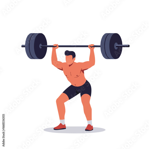 A person performs a barbell overhead press, depicted in a minimalist 2D flat vector illustration with clean lines and solid colors, isolated on a bright white background.
