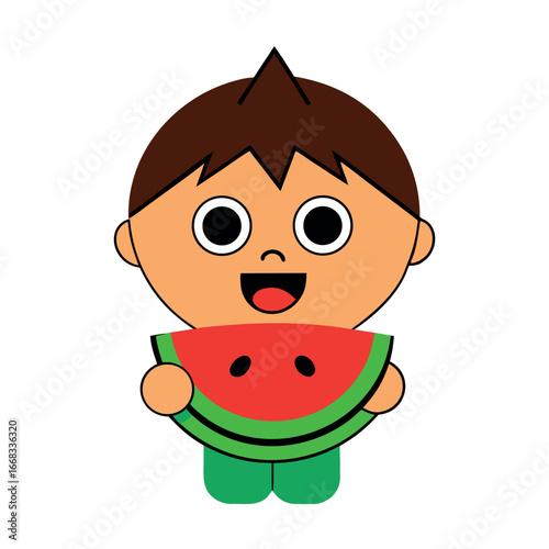 Cute cartoon boy eating watermelon slice happily Vector illustration