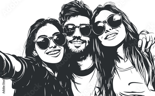 Black and white illustration of three young friends wearing sunglasses taking a happy selfie together