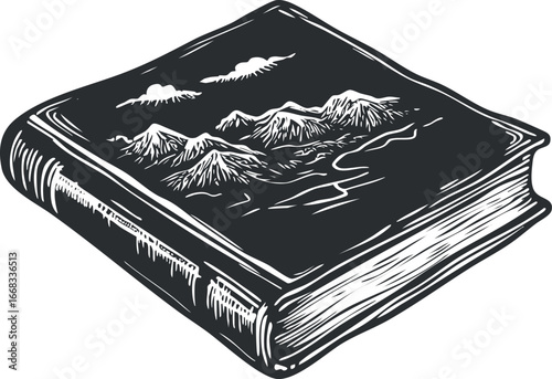 Vintage style illustration of a hardcover book with a mountain landscape on the cover featuring clouds and a river