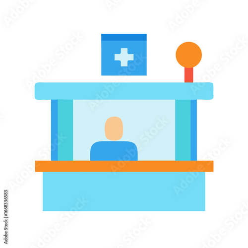 Flat vector illustration of healthcare reception desk with attendant